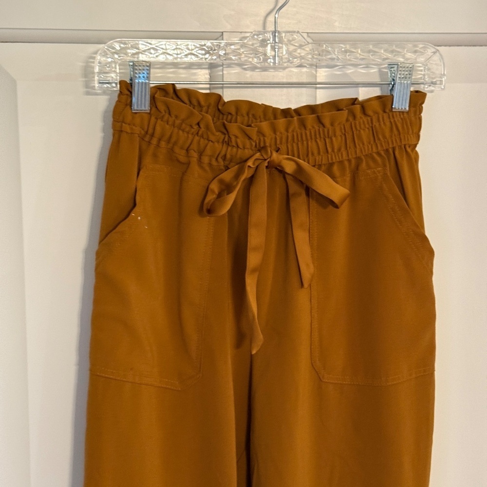 ZARA High Waisted Paper Bag Straight Leg Trouser Pants Mustard Yellow 31891 - Picture 3 of 15